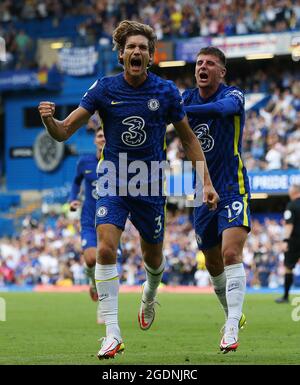 London, UK, 14th August 2021. Marcos Alonso of Chelsea celebrates after scoring the first goal during the Premier League match at Stamford Bridge, London. Picture credit should read: Paul Terry / Sportimage