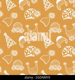 Winter knitted hats set isolated vector illustration. Seamless hand drawn background. Endless headwear doodles pattern for fabrics, wrapping papers an Stock Vector