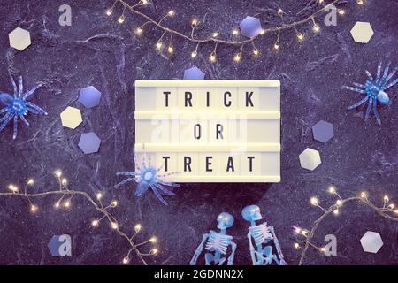 Halloween decor, words Trick or Treat on text box. Minimal Halloween background with pale green skeletons and ghost spiders. Dark background with Stock Photo