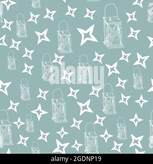 Pattern for fabrics with doodle vintage kerosene lamps or lamps on colored background Stock Vector