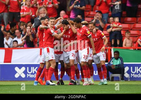 NOTTINGHAM, UK, AUG 14TH Scott McKenna of Nottingham Forest celebrates after scoring a goal to make it 1-1 during the Sky Bet Championship match between Nottingham Forest and Bournemouth at the City Ground, Nottingham on Saturday 14th August 2021. (Credit: Jon Hobley | MI News) Credit: MI News & Sport /Alamy Live News Stock Photo