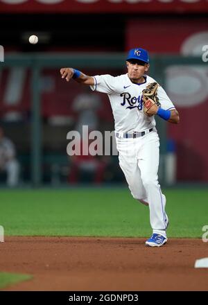 Kansas City Royals' Nicky Lopez watches his ball after hitting an RBI ...