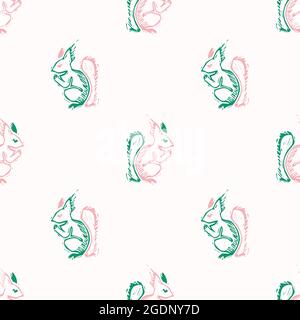 Playful fresh squirrel doodle shape seamless background. Modern trendy minimal retro style motif pattern. Hand drawn simple colorful design isolated Stock Vector