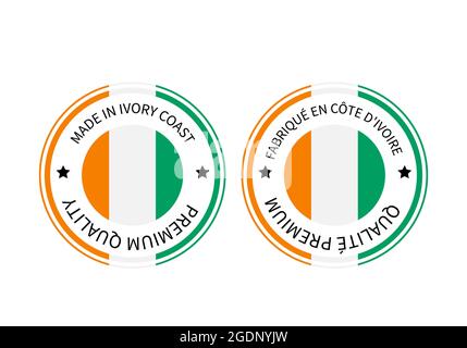 Made in Ivory Coast round labels in English and in French languages. Quality mark vector icon. Perfect for logo design, tags, badges, stickers, emblem Stock Vector