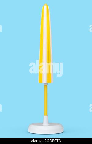 Yellow striped beach umbrella for lounge zone on seashore isolated on bluebackground. 3D rendering concept of vacation travel destination Stock Photo