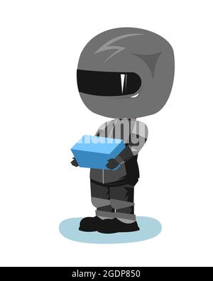 Motorcyclist in a black jacket and helmet. Biker uniform. The courier brought the package. Cartoon style. Funny character. Flat design. Isolated on Stock Vector