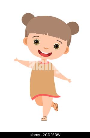 Child funny. Little girl. In fashinable clothes. Kid jumps for joy. Charming active cute character. Cute kid. Face wobble smile. Cartoon style Stock Vector
