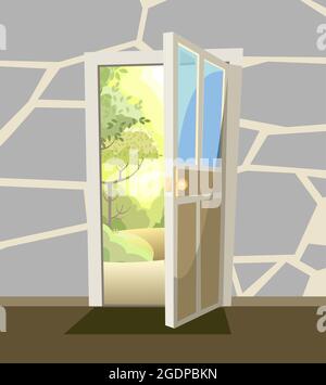 Opened Door The View From The Inside From The Room Of The House To A Forest Landscape With A Road Stone Wall Forest Way Is Open Cartoon Cute Stock Vector Image