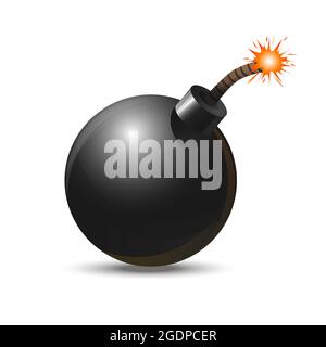 Vector black realistic bomb with a wick ready to explode . Great design for any purposes. White background. Stock Vector