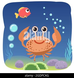 Crab. Little landscape. Underwater life. Wild animals. Ocean, sea. Summer water. Isolated on white background. Illustration in cartoon style. Flat Stock Vector