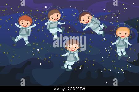 Astronauts kids in spacesuits. Illustretion. Cosmos background. Planets. Childrens illustration. Starry sky landscape. Dark colors. Flat style Stock Vector