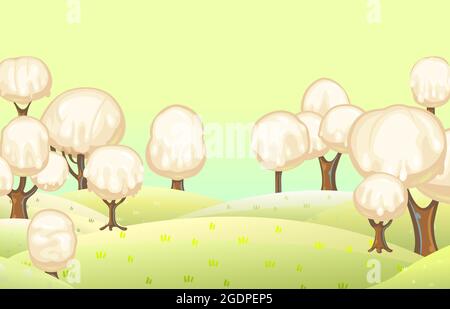 Fabulous sweet forest. Ice cream, drips of white milk cream. Sky. Trees with chocolate trunks. Cute hilly landscape for children. Beautiful fantastic Stock Vector