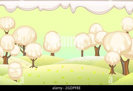 Fabulous sweet forest. Ice cream, drips of white milk cream. Sky. Trees with chocolate trunks. Cute hilly landscape for children. Beautiful fantastic Stock Vector