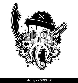 Hand drawn Octopus like Pirate, animal totem for adult Coloring Page in zentangle style, for tattoo, illustration with high details isolated on white Stock Vector