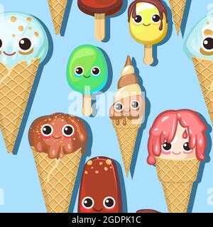 Ice cream pattern seamless. Blue background illustration. Wallpaper print. In waffle glasses and cones. Popsicle on sticks. Summer food sweet dessert Stock Vector