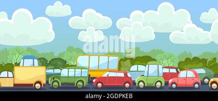 Heavy traffic on road. Seamless horizontal cartoon illustration. Asphalt path. Summer landscape. Different cars in comic style. Vector Stock Vector