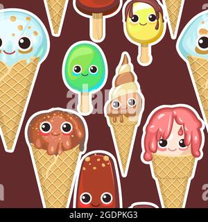 Ice cream pattern seamless. Bbrown background illustration. Wallpaper print. In waffle glasses and cones. Popsicle on sticks. Summer food sweet Stock Vector