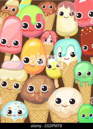 Various miscellaneous ice cream. Background illustration. In waffle glasses and cones. Popsicle on sticks. Summer food sweet dessert. Many different Stock Vector