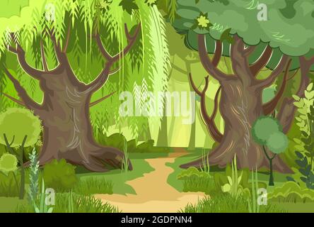 Forest road. Summer landscape. Light foggy thickets. Dense foliage. Green trees view. Cartoon flat style. Nature illustration. Trunks of trees. Vector Stock Vector