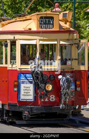 City loop tram with child buggies on front, Arts Centre, Worcester Street, Christchurch, Canterbury, New Zealand Stock Photo
