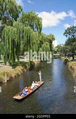 Punting on River Avon by Durham Street Bridge, Christchurch, Canterbury, New Zealand Stock Photo