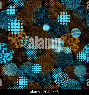 Seamless background from circles with hatching. Abstract multicolored background. blue and orange . Print for fabric . Vector illustration Stock Vector