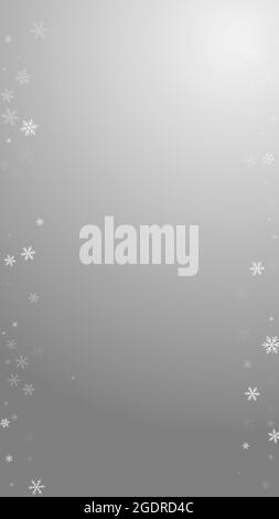 Sparse snowfall Christmas background. Subtle flying snow flakes and stars on grey background. Adorable winter silver snowflake overlay template. Brill Stock Vector