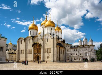 Moscow - June 2, 2021: Dormition Cathedral (Assumption) in Moscow Kremlin, Russia. Old Russian Orthodox church is famous tourist attraction of Moscow. Stock Photo