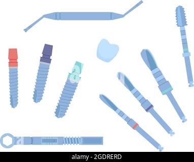 Dental tools for dental implants. Medical metal and titanium. Vector illustration, in a flat style. Poster to the clinic, image for instructions for dentists, training books. Isolated on white. Stock Vector