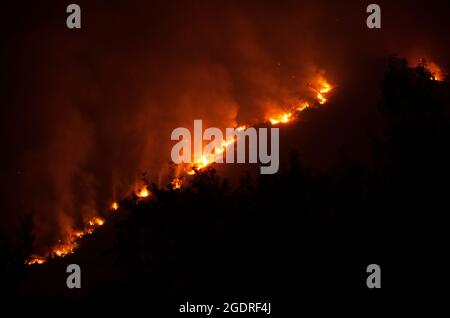 Night shot of summer wildfire on Italian hills Stock Photo