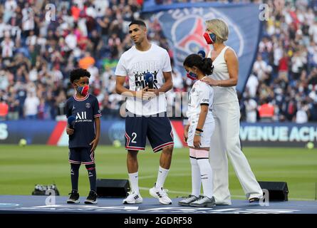 Achraf Hakimi of PSG during the new recruits' presentation ahead of the French championship Ligue 1 football match between Paris Saint-Germain and RC Strasbourg on August 14, 2021 at Parc des Princes stadium in Paris, France - Photo Jean Catuffe / DPPI Stock Photo