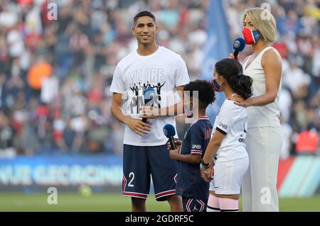 Achraf Hakimi of PSG during the new recruits' presentation ahead of the French championship Ligue 1 football match between Paris Saint-Germain and RC Strasbourg on August 14, 2021 at Parc des Princes stadium in Paris, France - Photo Jean Catuffe / DPPI Stock Photo