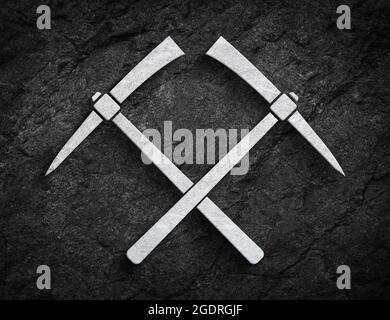 Tools for mining work digging pickaxes symbol on dark stone wall background Stock Photo