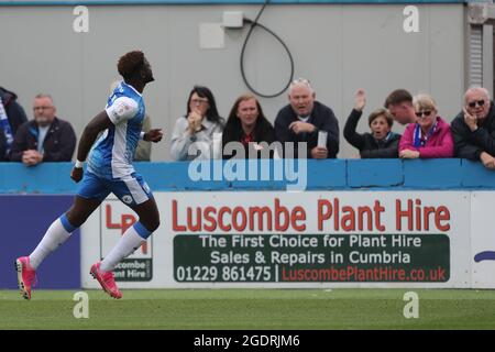 BARROW IN FURNESS, UK. AUGUST 14TH Barrow's Offrande Zanzala celebrates after scoring their first goal during the Sky Bet League 2 match between Barrow and Hartlepool United at Holker Street, Barrow-in-Furness on Saturday 14th August 2021. (Credit: Mark Fletcher | MI News) Credit: MI News & Sport /Alamy Live News Stock Photo