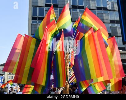 Krakow, Poland. 14th Aug, 2021. LGBT flags seen during Krakow Equality March, attended by over 5,000 people. Credit: SOPA Images Limited/Alamy Live News Stock Photo