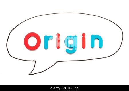 Alphabet letter with word origin in black line hand drawing as bubble speech on white board background Stock Photo
