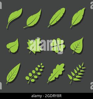 Vector leaves green icon set on black background Stock Vector