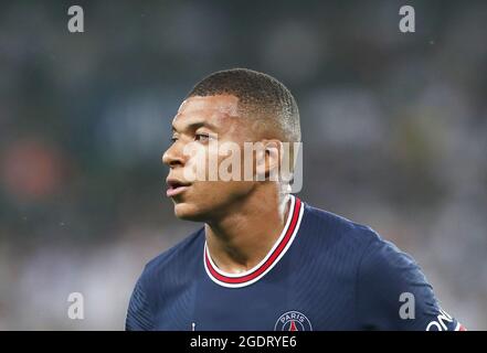 Paris, France. 14th Aug, 2021. Kylian Mbappe of Paris Saint-Germain is seen during the French Ligue 1 football match against Strasbourg in Paris, France, Aug. 14, 2021. Credit: Gao Jing/Xinhua/Alamy Live News Stock Photo