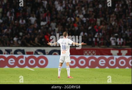 Paris, France. 14th Aug, 2021. Dmitri Lienard of Strasbourg reacts during the French Ligue 1 football match against Paris Saint-Germain in Paris, France, Aug. 14, 2021. Credit: Gao Jing/Xinhua/Alamy Live News Stock Photo