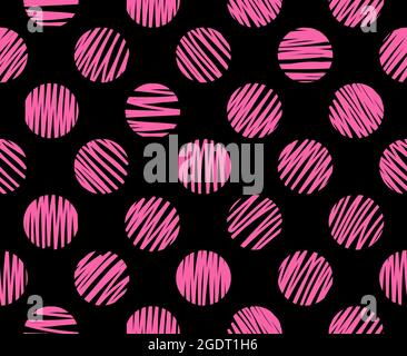 Hand drawn pink circles brush lines seamless pattern on black background. Vector illustration Stock Vector
