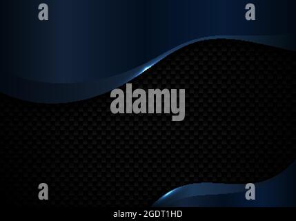 Abstract blue metallic wave shape with lighting on black carbon fiber background and texture. Vector illustration Stock Vector
