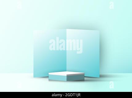 3D realistic square podium with blue folding scene background. Vector illustration Stock Vector