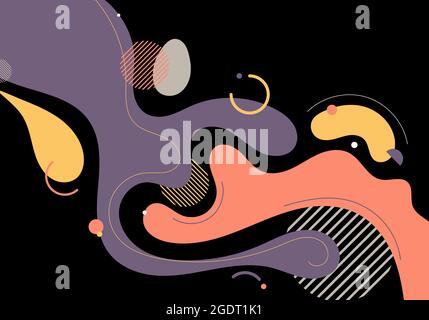 Abstract trendy organic shape composition amorphous forms and lines with circles geometric elements on black background. Vector illustration Stock Vector