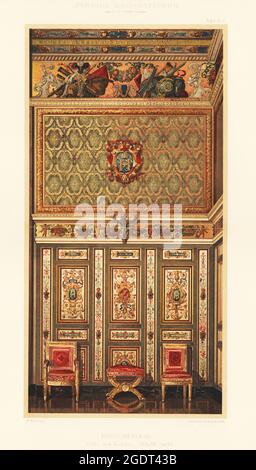 Decorated wall panels, ceiling and chairs in the Salle des Gardes, Palace of Fontainebleau, 17th to 19th century. Salle des gardes, Chateau de Fontainebleau, XVII u XIX Jahrh. Chromolithograph by M. Koch from Ernst Ewald’s Farbige decorationen, alter und never Zeit (Color decoration, ancient and new eras), Ernst Wasmuth, Berlin, 1889. Stock Photo