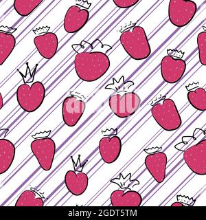 Strawberry with crown on diagonal lines, hand drawn berry. Seamless pattern with the queen of berries. Doodle strawberry for sweety summer childish de Stock Vector