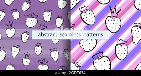 Strawberry with crown on diagonal lines, hand drawn berry in black line. Seamless pattern strawberry. Doodle the queen of berries Stock Vector