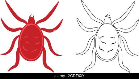 Mite or arachnids Illustration Fill and Outline Isolated on White Background. Insects Bugs Worms Pest and Flies. Entomology or Pest Control Business Stock Vector