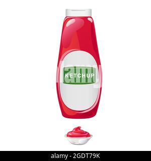 Tomato ketchup bottle. Red sauce container with named white label isolated on whie background. Vector illustration in cartoon flat style. Stock Vector