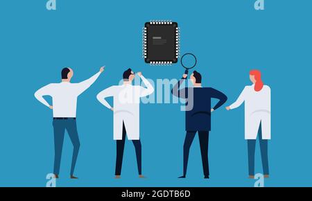 micro chip research semiconductor engineering technology team working on hardware silicon design Stock Vector