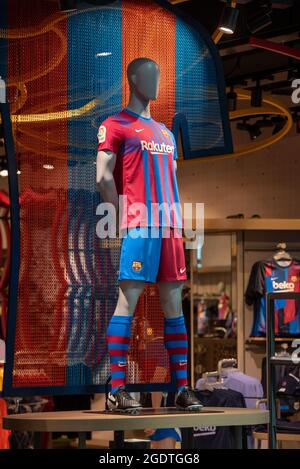 Barcelona, Spain: 2021 August 12: FC Barcelona 2021 2022 kit in the official store at Aeopuerto de Barcelona El Prat in summer 2021. Stock Photo